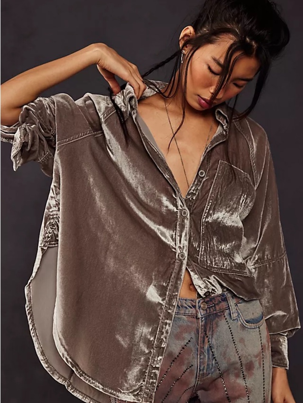 We the Free Velvet Button-Up Shirt in Taupe - Women's Relaxed Top
